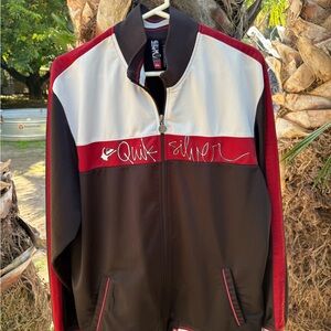 Quiksilver Men's Black, Red, and White Bomber Jacket. Very handsome, well made